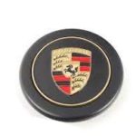 11 Black Hub Center Cap with full-color, embossed Porsche Crest; For Fuchs Wheels Fits 911 912 924S 944