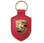 Porsche key ring metal crest on red leather strap , with metal ring
