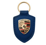 Porsche key ring metal crest on blue leather strap , with metal ring