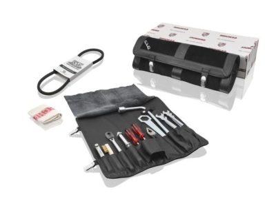 Porsche Classic tool bag; suitable for all Porsche 912 models (1965 to 1969). Content: 5x double open-ended wrench (one each: 8x9, 10x11, 12x13, 14x15 and 17x19), 1x wheel nut wrench, 1x special wrench size 36, 1x combination pliers, 1x long screwdriver with holding function, 1x Phillips screwdriver, 1x spark plug socket wrench, 1x spark plug ratchet wrench, 1x brass brush, 1x feeler gauge, 1x V-belt, 1x cleaning cloth. The decision to develop the tool bag for the 912 was the Porsche Classic response to numerous customer enquiries at various Porsche Classic events. The experts at Porsche Classic are also responsible for the unique appearance of the tool bag, which is characterized by the combination of leather and corduroy. This fabric was once used for the central section of the seats in the 912. Alongside the Porsche crest embossed into the leather, the outside of the tool bag is decorated with the familiar 912 lettering, which once formed part of the design on the engine cover of the vehicle. All of the tools for this new tool bag have been manufactured in accordance with original drawings by the original supplier.