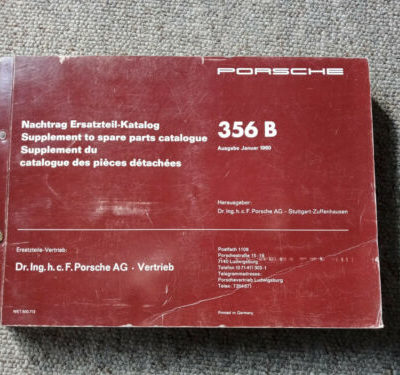 A Supplement to Spare Parts Catalog For Porsche 356 B 1600/1600 S / 1600 S 90 as Coupe, Cabriolet / Hardtop, Roadster / Hardtop for vehicles from 1960- The supplement is to be used with the Porsche 356 B spare parts catalog. Dated 1965 , Condition: good, with slight signs of wear and usage. Contents: 400 pages , in German, English and French text , This lists and naming of spare parts, Part numbers, Parts list Details of the dimensions of screws, nuts, washers, bolts, etc. and exploded drawings and illustrations.
