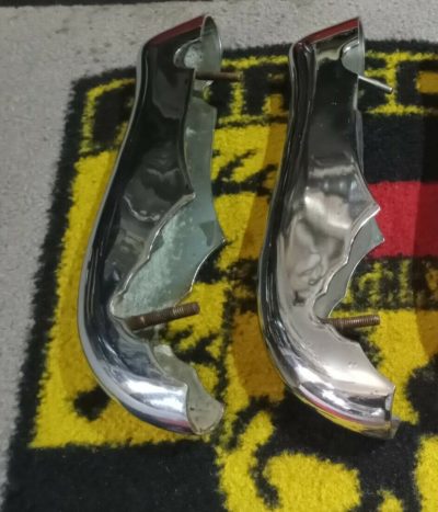 A pair of front original Porsche 356a Jan 1959-60 front bumper guards ,these High bow 190mm center of tube to center of deco trim . These are in great condition , some slight marks to face , mounting studs are superb and these are ready to install .