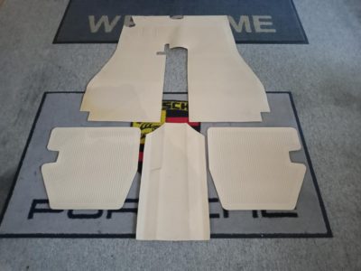 A set of complete tan rubber interior floor mat set for Porsche 356 A 1955-1959. Kit Includes front, tunnel and rear tan rubber interior floor mats. These are an excellent reproduction item , it does require you to cut out the areas such as pedals , gear lever etc .