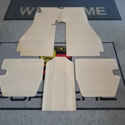 A set of complete tan rubber interior floor mat set for Porsche 356 A 1955-1959. Kit Includes front, tunnel and rear tan rubber interior floor mats. These are an excellent reproduction item , it does require you to cut out the areas such as pedals , gear lever etc .
